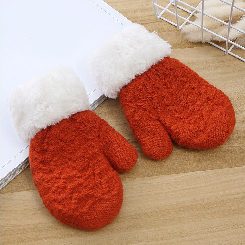 Kind Warme Handschoenen Winter Outdoor Effen Kleur Volledige Vinger Handschoenen Kids Pluche Dikker Wanten Unisex Meisjes Jongens Gebreide Handschoenen: Rood