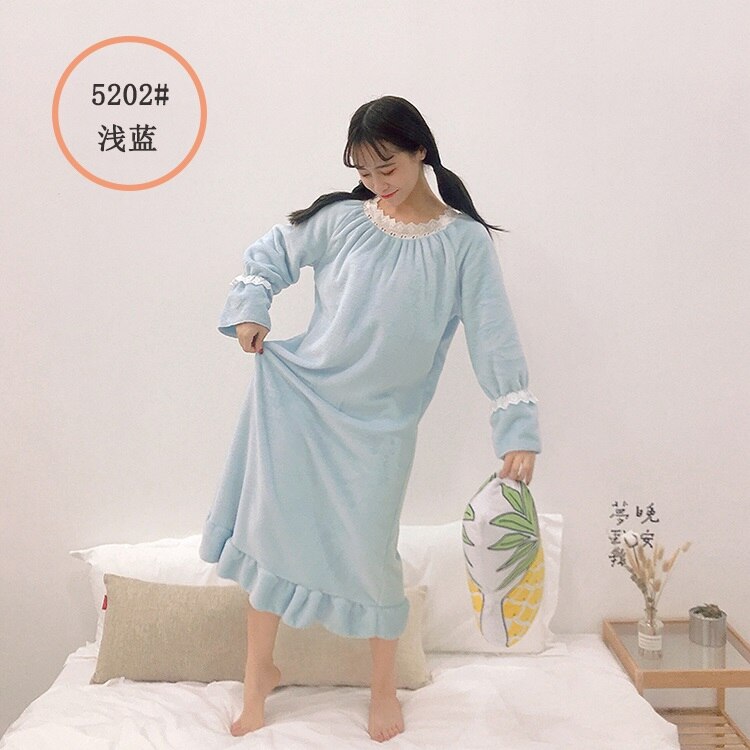 Camisones estampados Kawaii para mujer, ropa para casa suave de terciopelo Coral con volantes, holgados e informales de princesa, para Otoño e Invierno: 5202 light blue