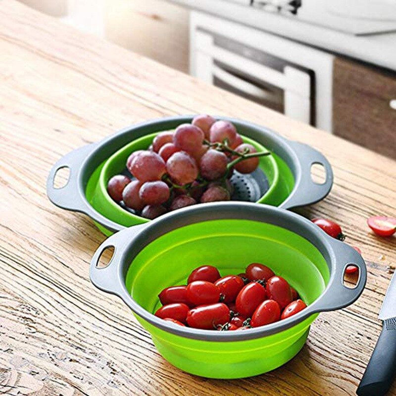 Juego de coladores plegables de silicona de grado alimenticio, colador de cesta de lavado de frutas y verduras, escurridor plegable de cocina, 2 uds.
