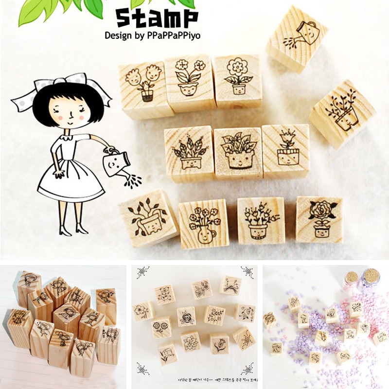 12 pcs/set DIY Cute Sweet Flower Wooden Stamps for Decor Diary Scrapbooking Korean Stationery School Supplies