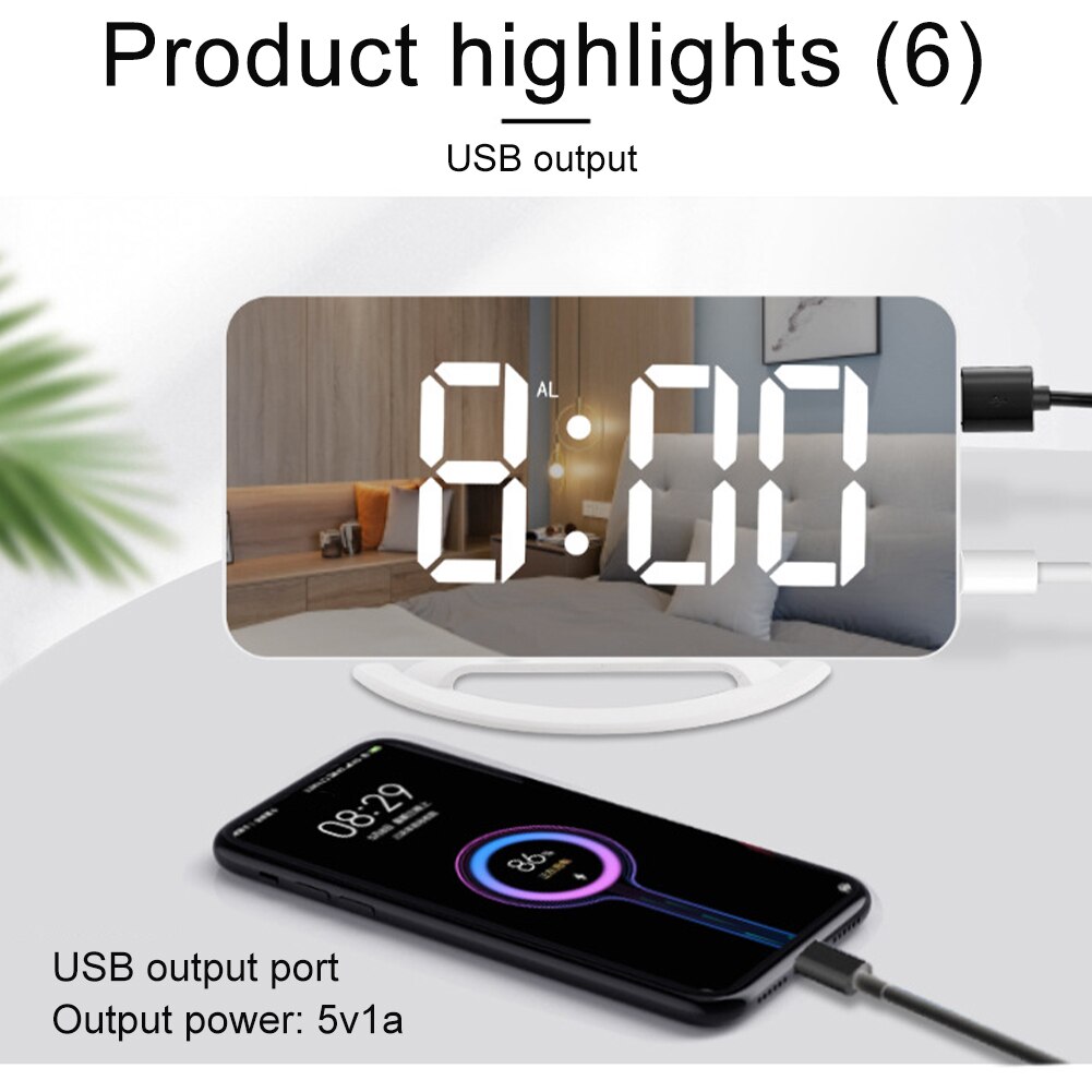 2 USB Ports Loud Digital Alarm Clock Heavy Sleeper Vibrating LED Mirror Home Office Adjustable Brightness With Bed Shaker