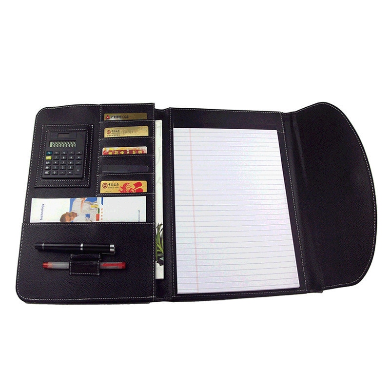 A4 Fichario Document Organize File Folder Foldable Padfolio Briefcase Notebook with Calculator Leather Office Manager Case Bag