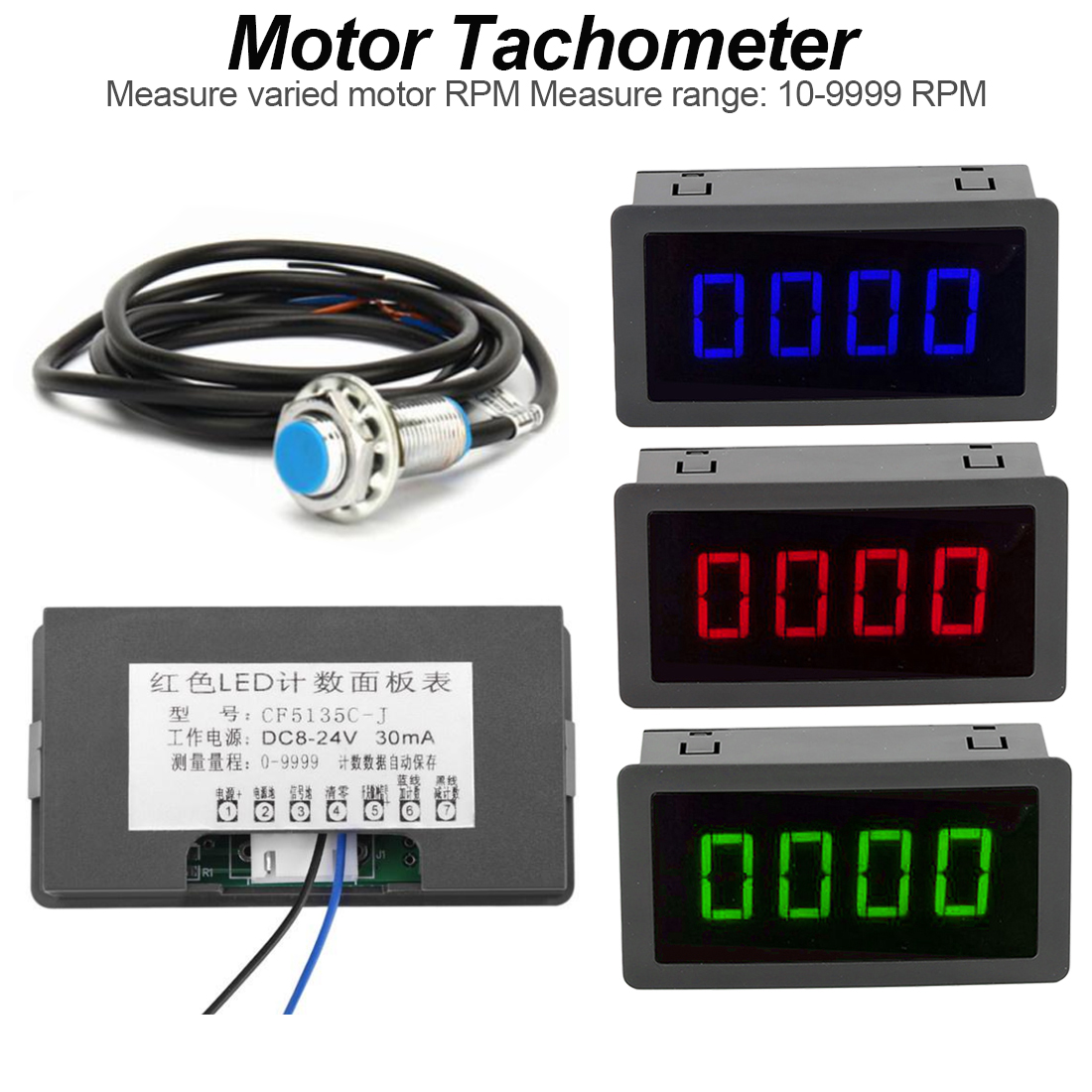 LED 4 Digital Blue Green Red Measuring Gauges Tachometer RPM Speed Meter + DC 8-15V 10-9999RPM Hall Proximity Switch Sensor NPN