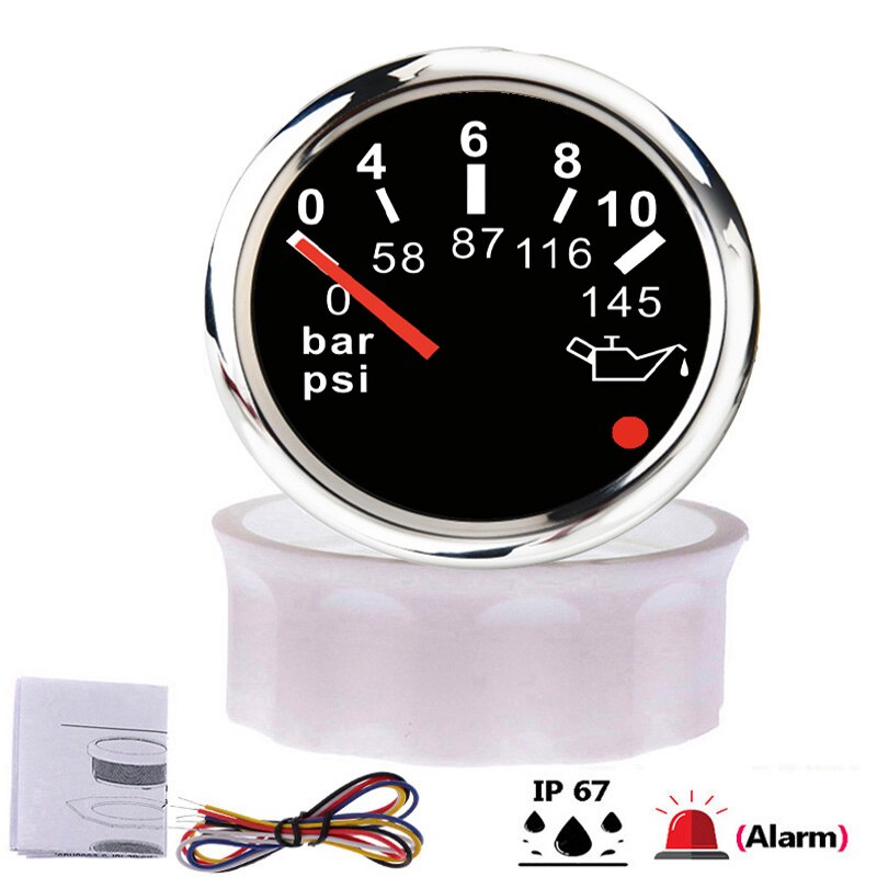 Indicador de presión de aceite de motor de 52mm para coche, 0 ~ 5Bar/ 0 ~ 10Bar para señal de 0-184 Ohm, indicador de presión de aceite con luz de alarma: 0145psi BS