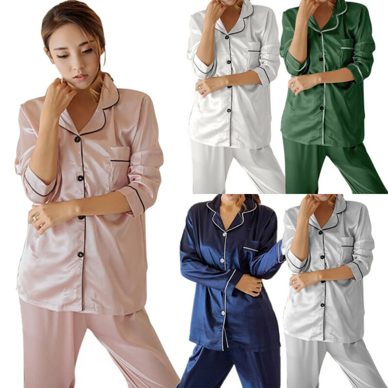 Women Girl Silk Satin Pajamas Set Pyjama Sleepwear Nightwear Loungewear Homewear Solid Color Comfortable Soft