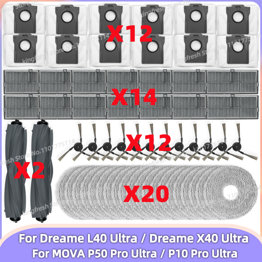 Compatible avec (Dreame L40 Ultra/ X40 Ultra, MOVA P50 Pro Ultra / P10 Pro Ultra) Pièces de Rechange pour Aspirateur Rouleau Principal Brosse Latérale Filtre Hepa Chiffon de Nettoyage Tampon Sac à Poussière Accessoires