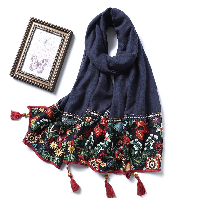 Blondebroderi bomuldstørklæde kvinder vintage blomsterprint sjaler og omslag solide kvaster pashmina dame foulard hijab femme: Wj87- flåde