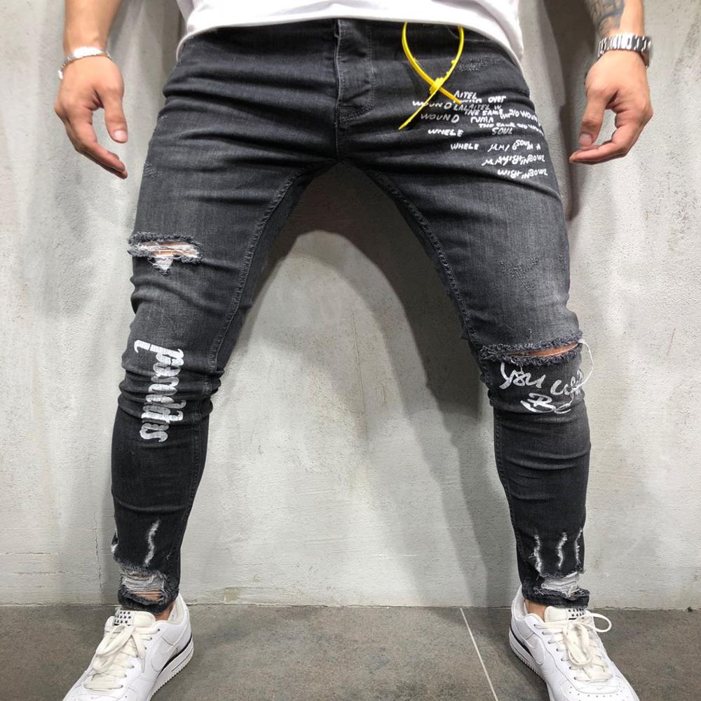 Hip-hop Men's Printed Letter Hole Jeans jeans