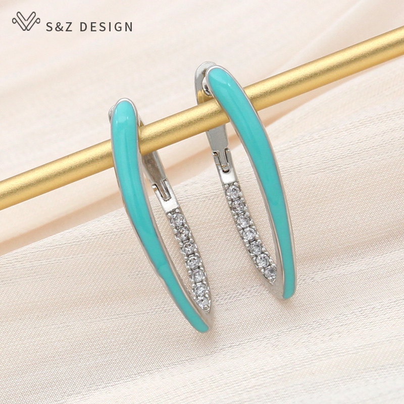 S&Z Mode Goud Kleur Groen Emaille Dangle Oorbellen Voor Vrouwen Bruiloft Zirconia Sieraden: Roest Rood