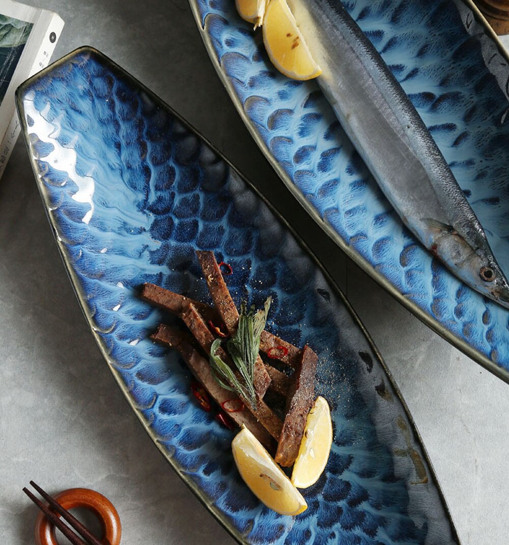 Plato de cerámica japonés , plato de pescado, vajilla especial de barco, plato de servicio, plato de Sushi para suministros de cocina