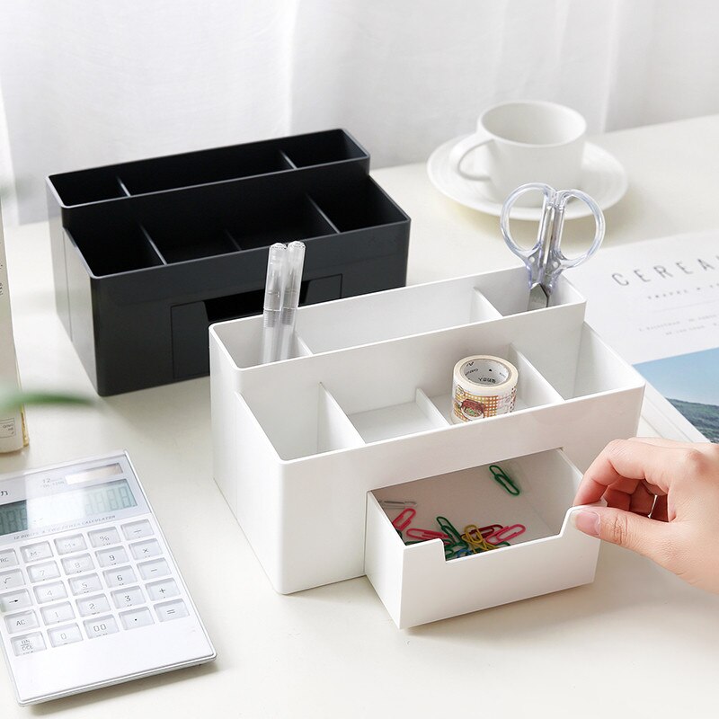 Soporte cuadrado de plástico para bolígrafo organizador de escritorio, caja de almacenamiento de cosméticos, soporte multifuncional para lápices con pequeño contenedor de cajón