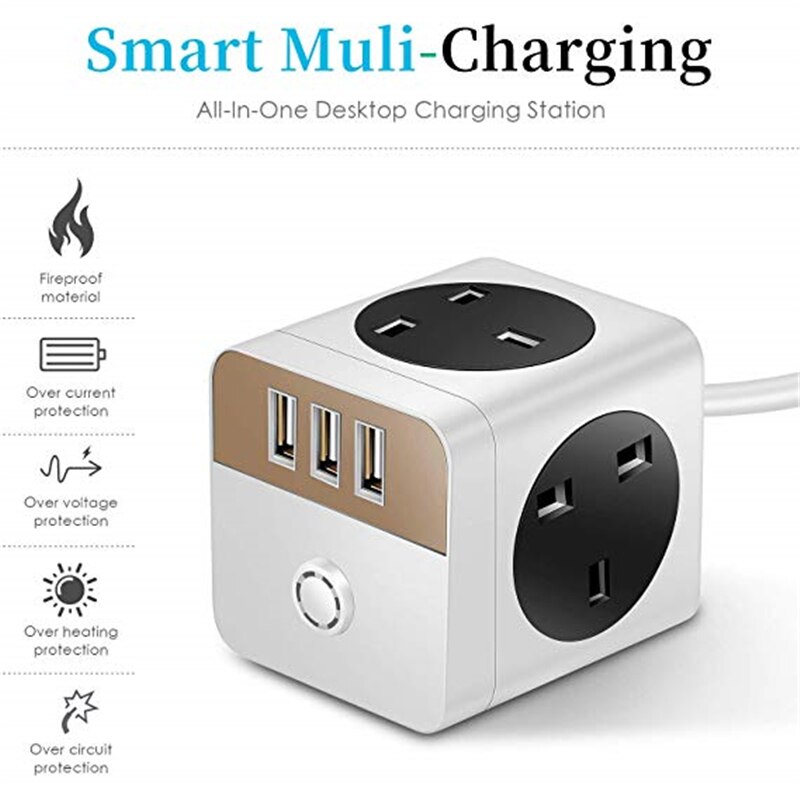 Cube Extension Lead with 3 USB 4 Way Swithed Surge Protected UK Power Socket 2M Extension Cord