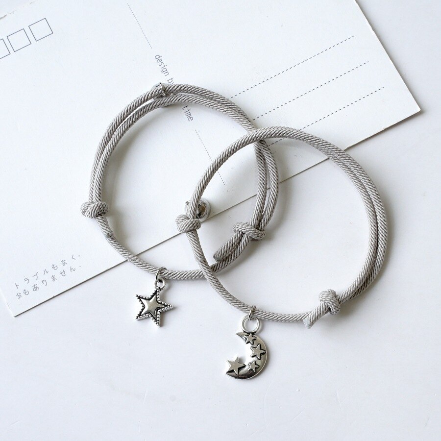 2 pçs estrela lua magnética casal pulseira conjunto para homens mulheres na moda artesanal corda corrente amizade pulseira ajustável jóias: C-C
