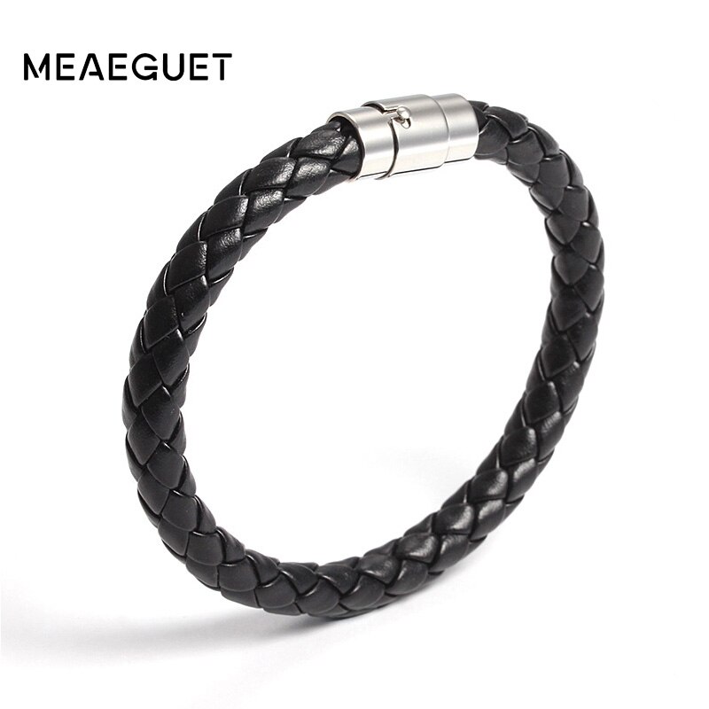 Black Braid Leather Bracelet Bangle Stainless Steel Clasp Men Jewelry 21cm