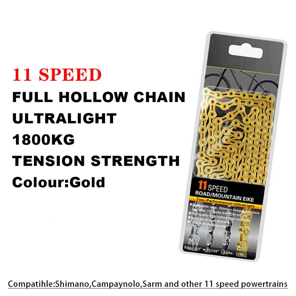 10/11 Speed Bicycle Chain Full Hollow Bicycle Chain Mountain Road Bike Hollow Chain Ultra Light 116L Gold Silver