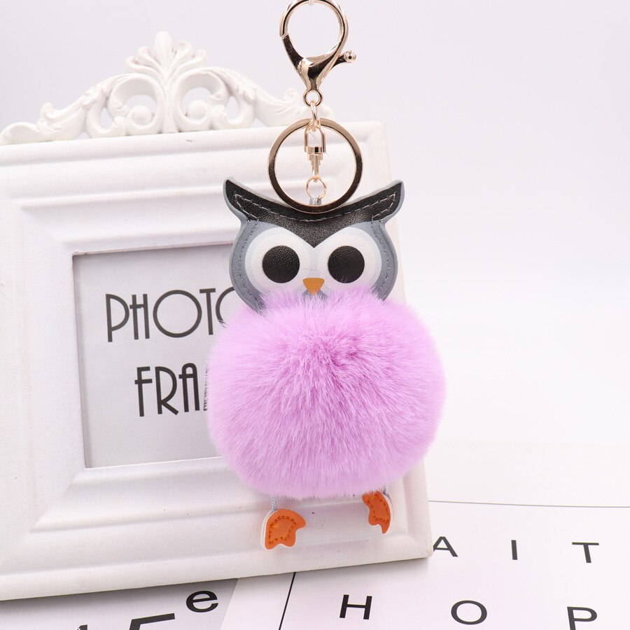 Sød pompon ugle nøglering pom nøglering kanin pels bold pompon fluffy læder nøglering plys nøgleringe
