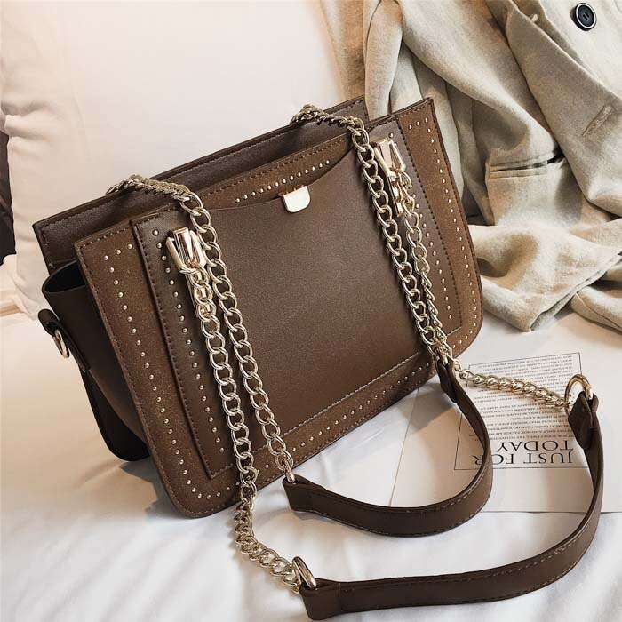 Luxury Rivet Handbag Women Bag Brand Metal Chain Tote Bags Casual PU Leather Crossbody Bag: Brown