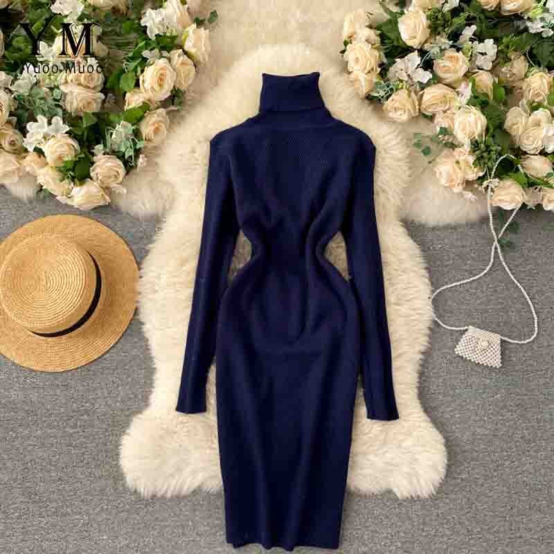Yuoomuoo Trui Jurk Winter Coltrui Warme Lange Mouw Gebreide Jurk Alle Match Casual Solid Vrouwen Bodycon Jurk: Blauw