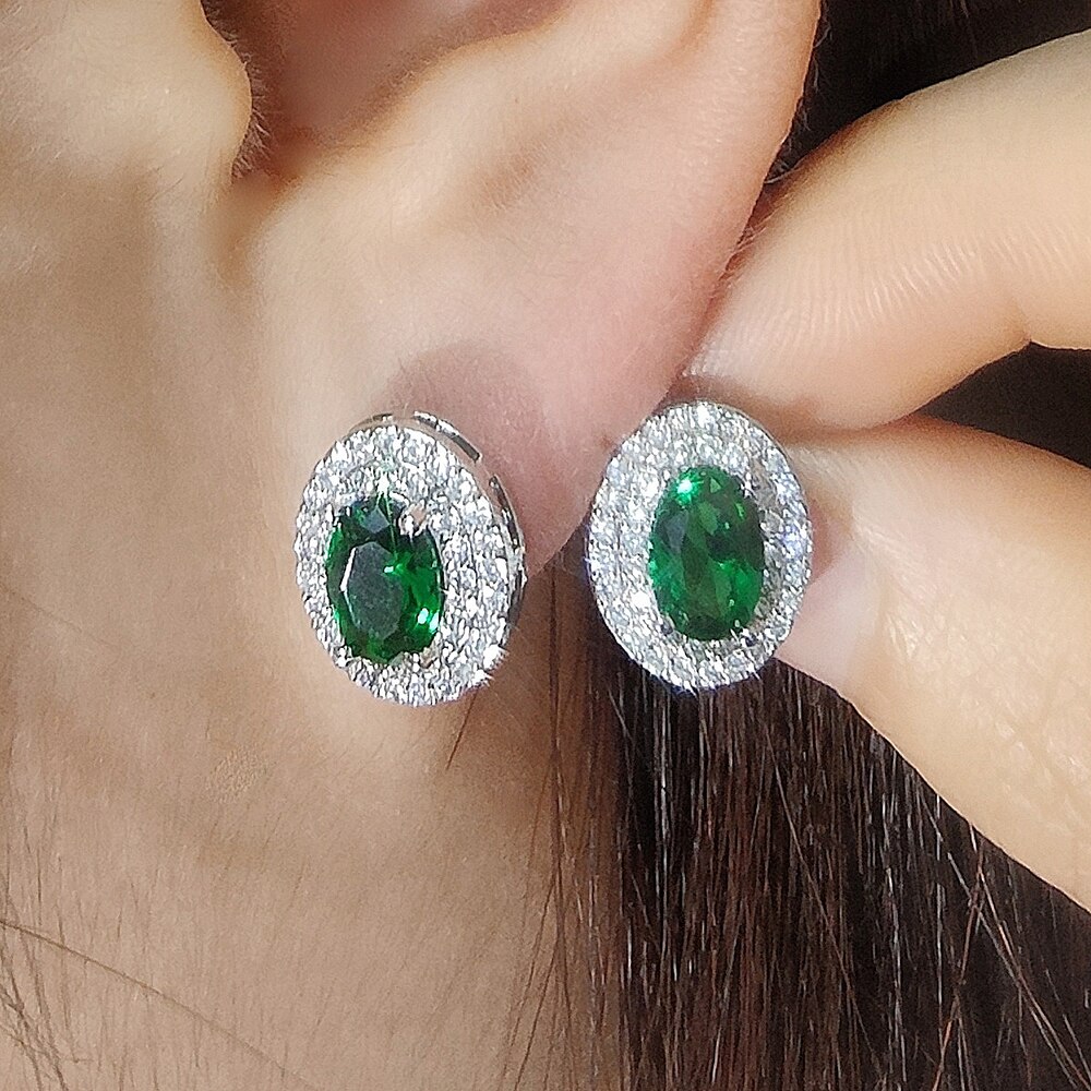 Confezione da 2 pezzi Set di gioielli da sposa color argento Halo anello di fidanzamento orecchino tondo per regalo di nozze J7260