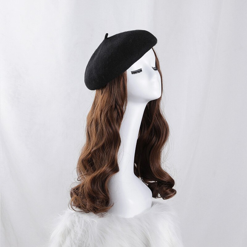 Boina de peluca sin pegamento, pelo liso clásico, Boina de pelo corto, Boina con volante grande, boina, peluca, gorro: Beige
