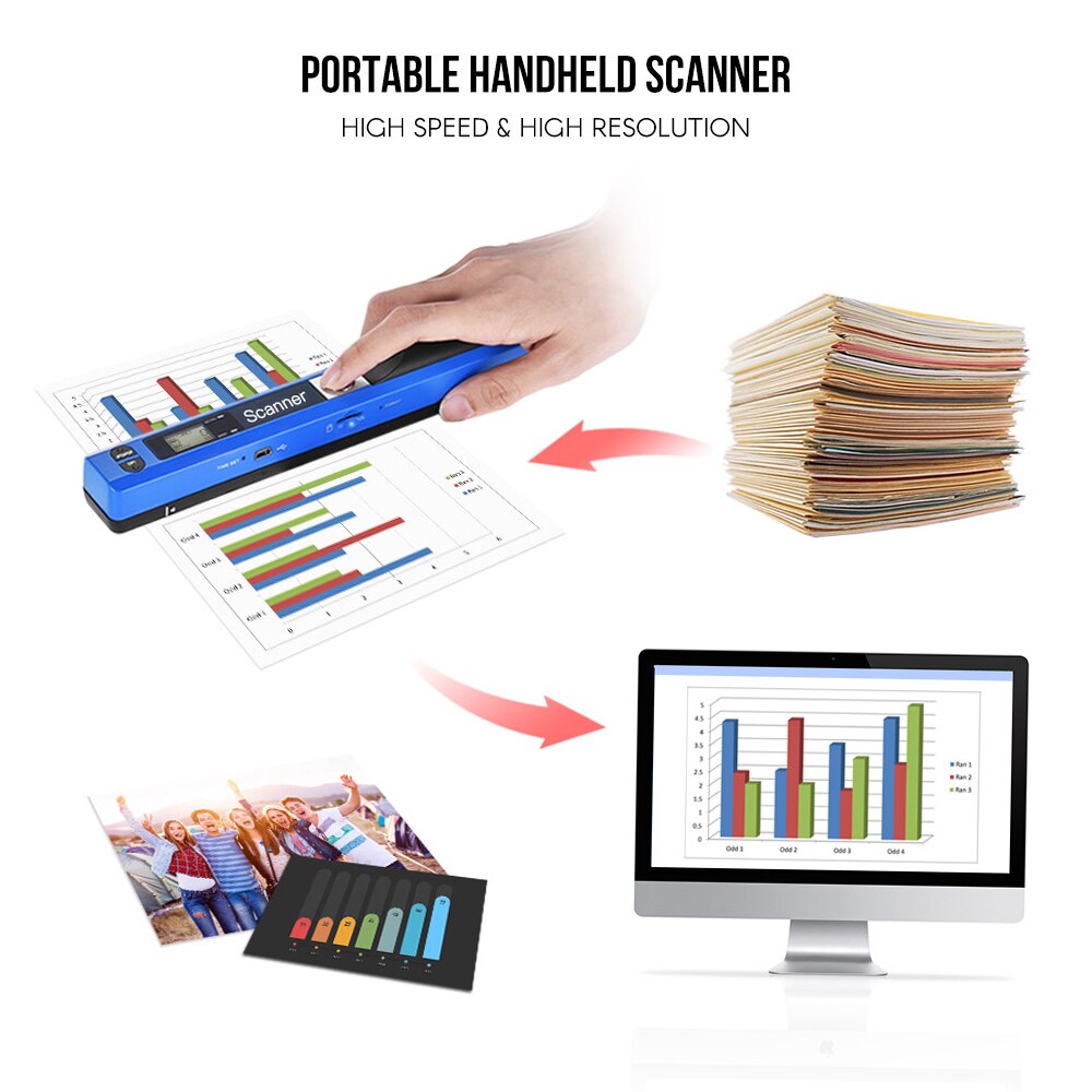 Handheld Wand Wireless Scanner A4 Size 900DPI JPG/PDF Formate LCD w/ Protecting Bag for Business Document Reciepts Books Images