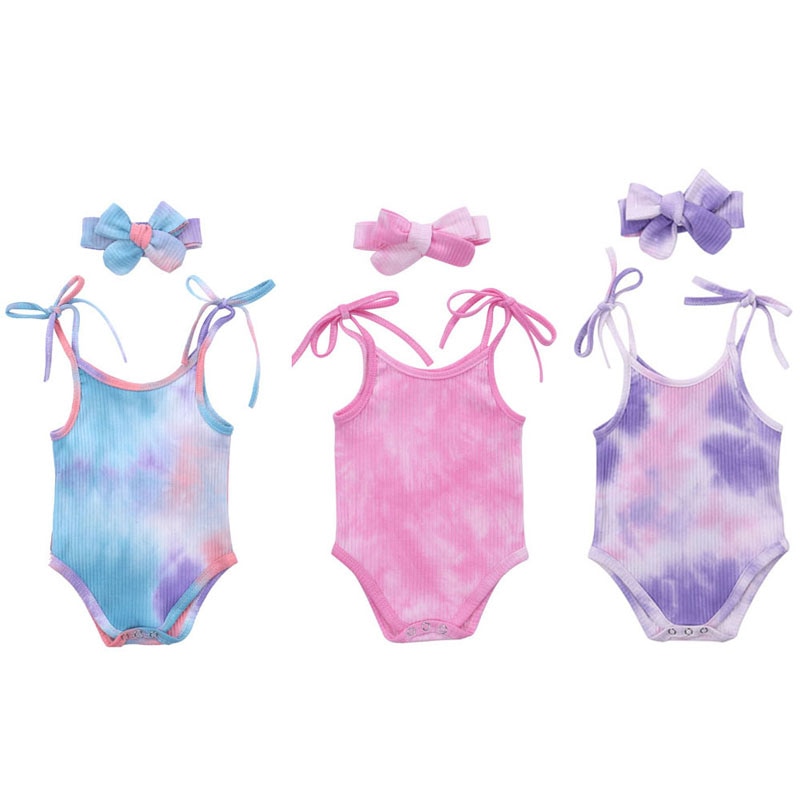 Focusnorm 0-24M 2 Stuks Baby Baby Meisjes Jongens Tie-Dye Bodysuit Mouwloze Riem Bodysuits Hoofdband Gedrukt jumpsuits
