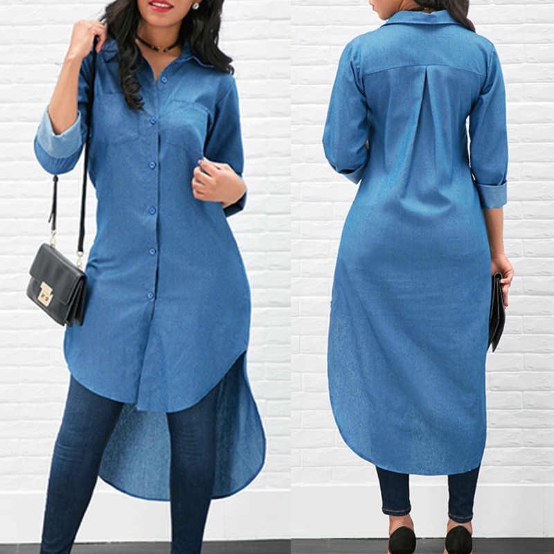 Nova moda feminina denim camisa azul manga longa blusa solta senhora casual jean blusa camisas verão outono camisa longa