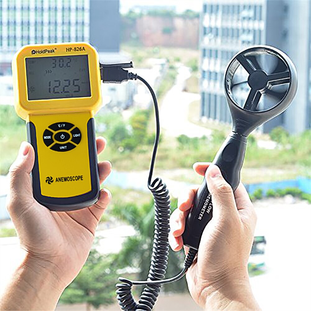 Anemómetro Digital HoldPeak HP-826A, Sensor de velocidad del viento, 0,3 ~ 30 m/s, instrumento de medida de volumen de aire, probador de mano