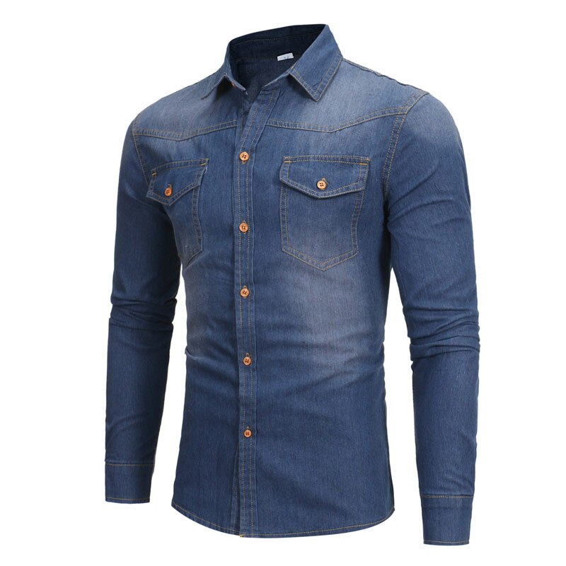 Jeansskjorta herr vår höst långärmad herr fritidsklänning jeanskjortor slim fit camisa masculina klassisk blå jeansskjorta: Som bild mörkblå / Xl