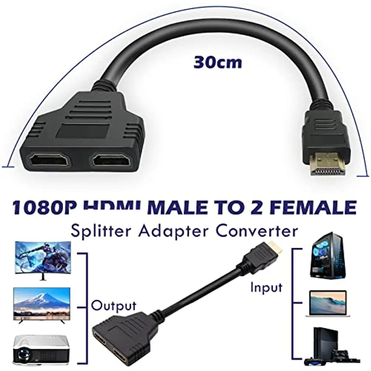För hdmi-splitteradapterkabel 1 hane till dubbel hdmi-kompatibel 2 -vägs hona 4k 3d y splitterkabel för bärbar tv-skärm 1080p