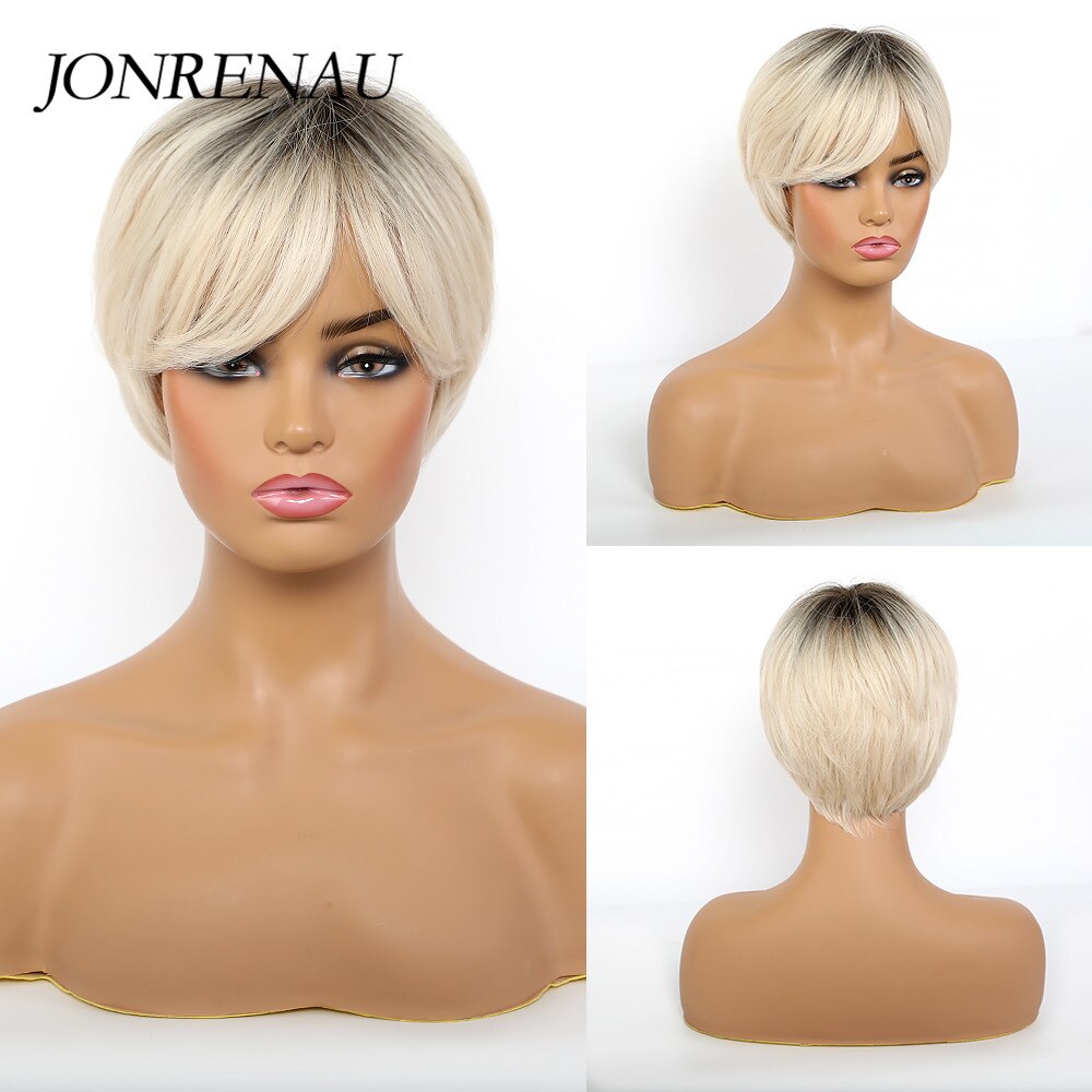 Jonrenau 8 tommer syntetisk kort lige paryk lys blonde brune parykker med pandehår pixie cut parykker til hvide sorte kvinder: Ss166-1