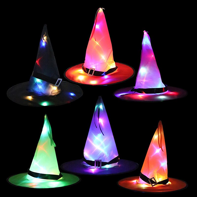 1pcs Halloween Witch Hat with LED Light Glowing Witches Hat Hanging Halloween Decor Suspension Tree Glowing Hat for Kids