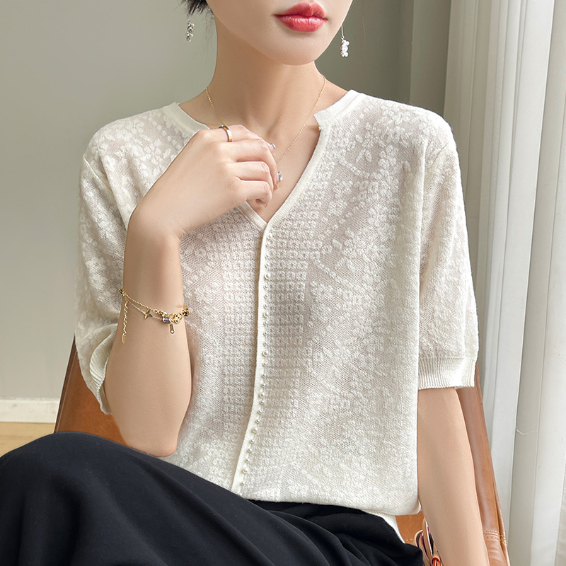 Kip Hart Kraag Ijs Zijde Korte Mouwen Dames Zomer Effen Kleur Dunne Franse Mode Losse Zijden T-shirt Top