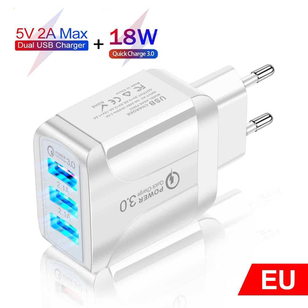 AIXXCO 5V 2A EU Plug LED Light 2 USB Adapter Mobile Phone Wall Charger Device Quick Charge QC 3.0 Mobile Charger Fast Charger: 3USB-QC3.0-White