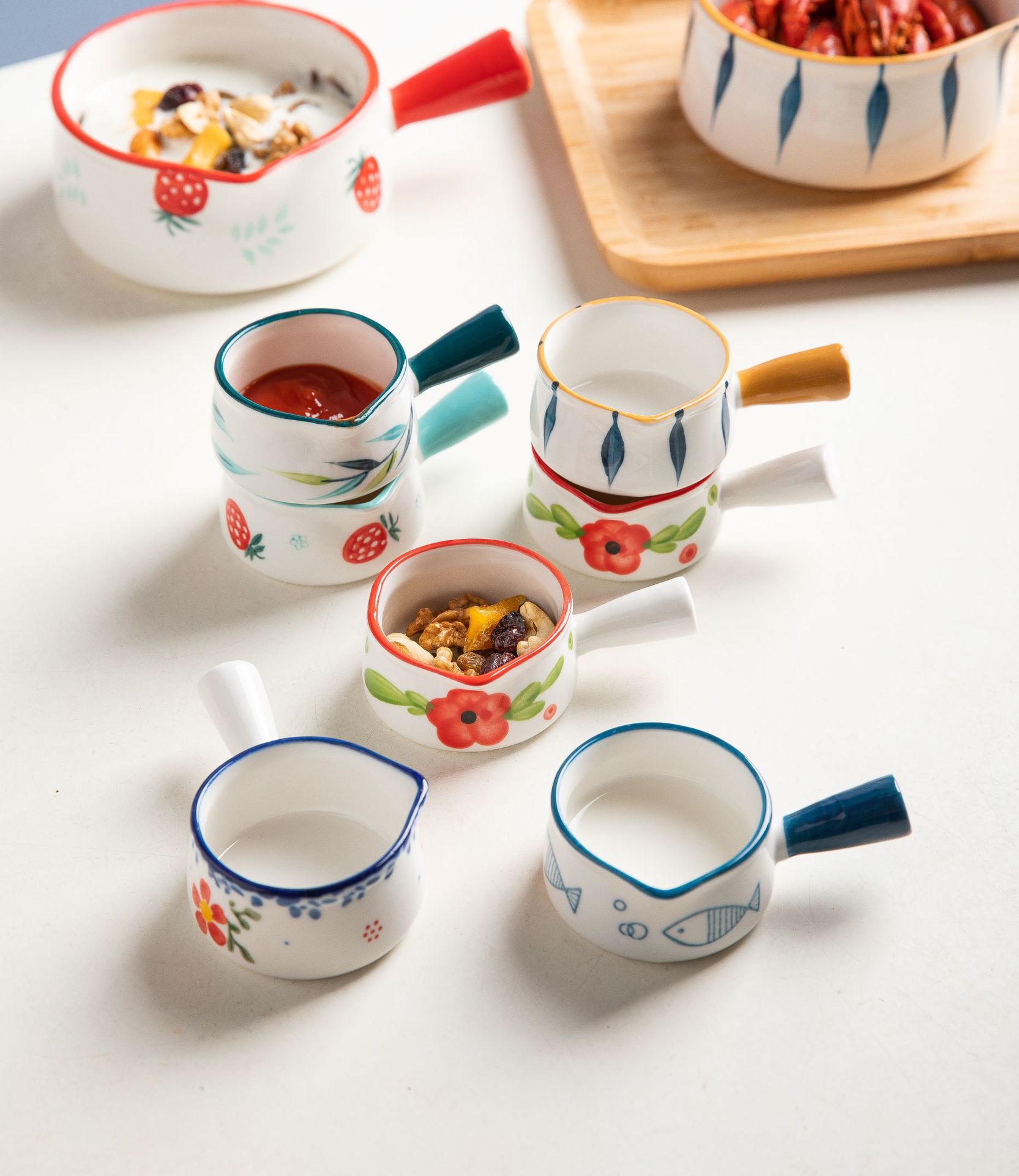 2PCS Cute Hand-painted Ceramic Small Dish Seasoning Gravy Boats Tableware Seasoning Dish Mini Milk Pan Coffee Pot LB460