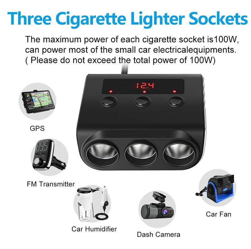 3 Way Car Cigarette Lighter Adapter 12V-24V 100W Socket Splitter Plug LED 4 USB Charger Adapter for Phone MP3 DVR
