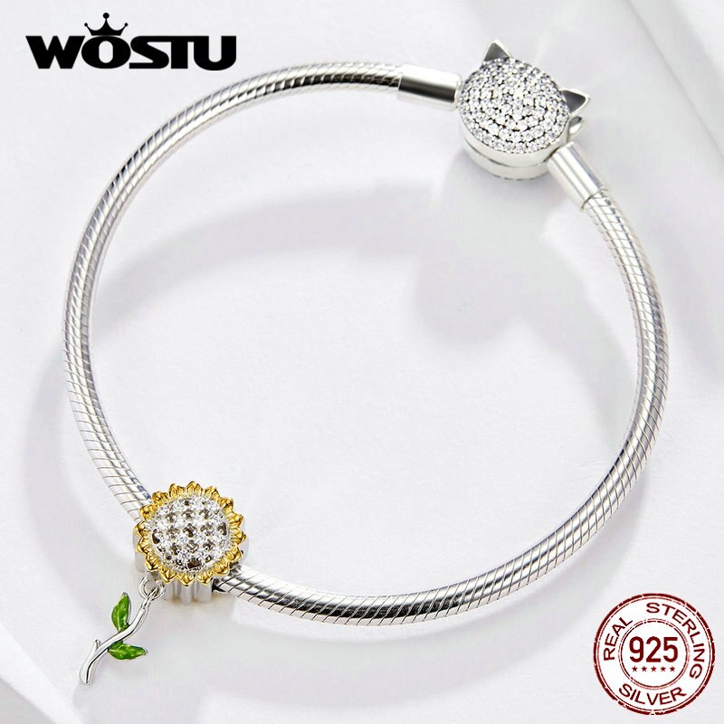 Colgante de girasol wastu de plata de ley 925, cuentas de esmalte amarillo aptas para Pulsera Original, colgantes para fabricación de joyas CQC1211