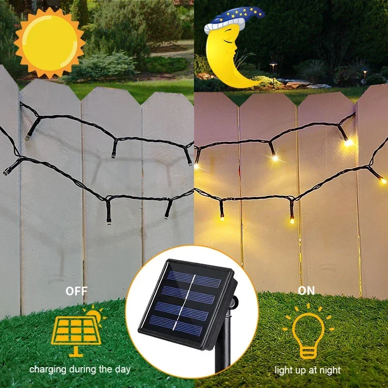 Guirnaldas de luces alimentadas por energía Solar para exteriores, guirnalda de calle impermeable para jardín, casas, decoraciones navideñas, cadena de tira de luces, 50/100/200