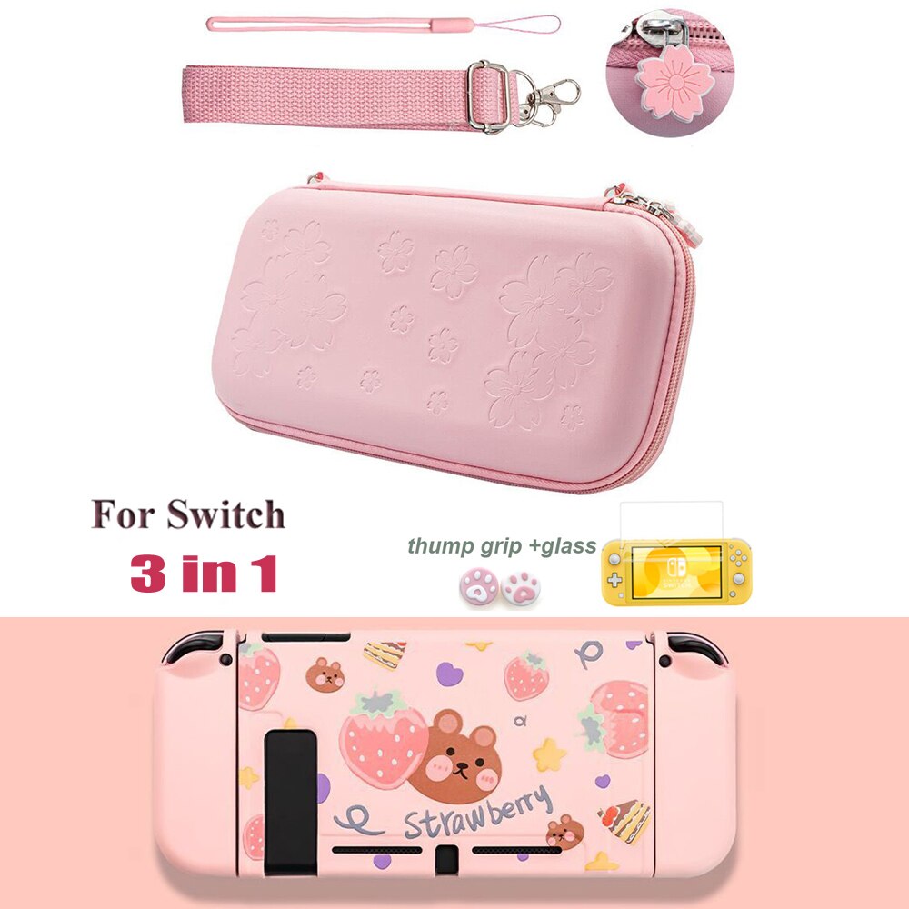 Cute Pink Sakura portable Storage Bag Travel Carry Case Cover for Nintendo switch game Accessories+TPU case: 3 IN 1 B