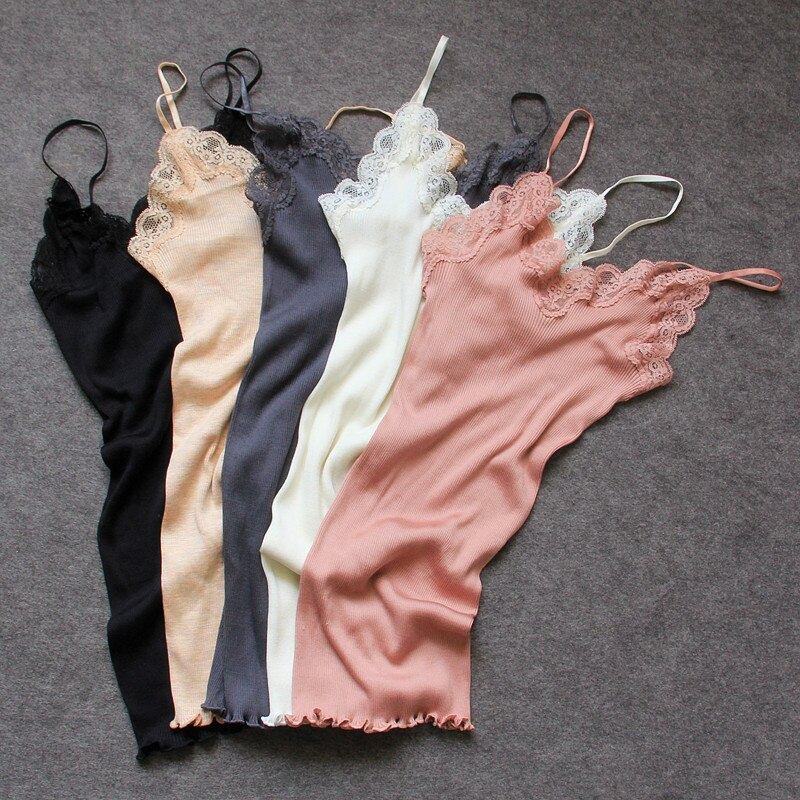 70% Zijde 30% Katoen Gebreide Kant Hemdje Vest Nachtkleding Spaghetti Band SJ309