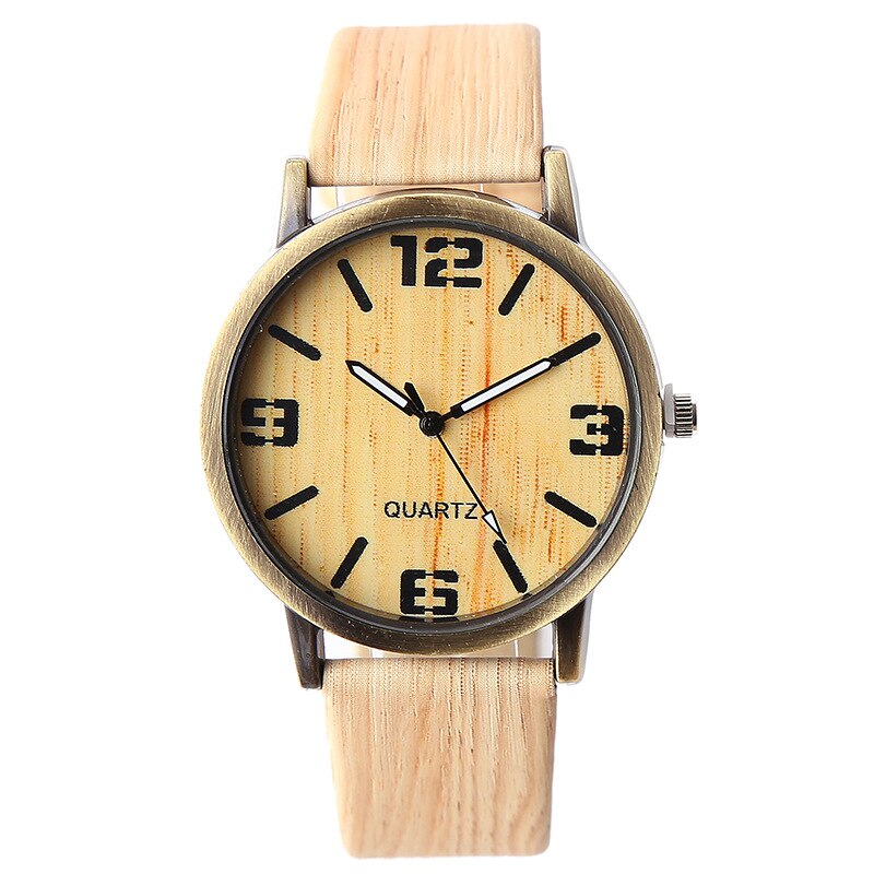 Heren-/dameshorloges met de klok mee, weergave van houtnerf, levensecht patroon, kwartsleren horloge, vrijetijdshorloge, roestvrijstalen wijzerplaat