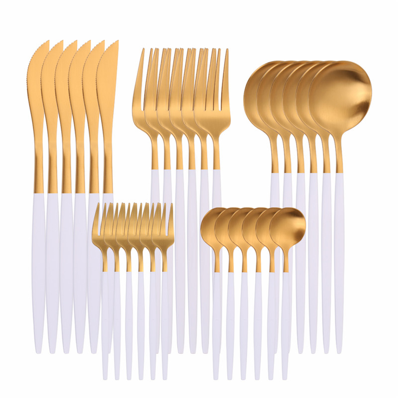 30 Pcs Matte Flatware Tableware Fork Knive Spoon Stainless Steel White Golden Cutlery Set Home Kitchen Tableware Set Dinnerware: white gold 30pcs