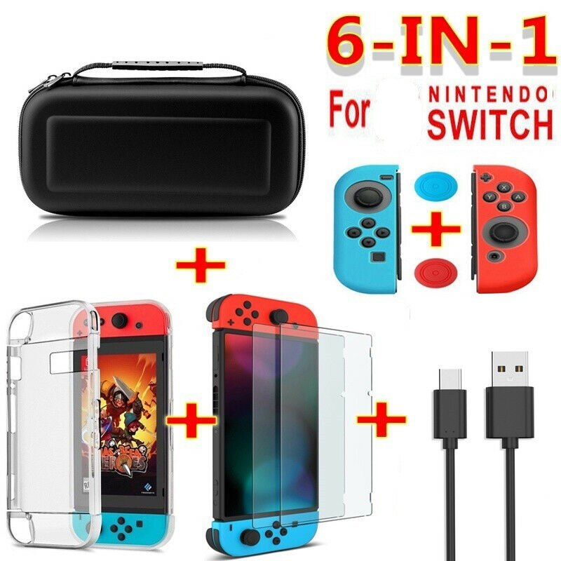 Set di accessori di gioco 6 in 1 nero rosso blu per nintendo Switch borsa da viaggio custodia protettiva per schermo cavo di ricarica: Black