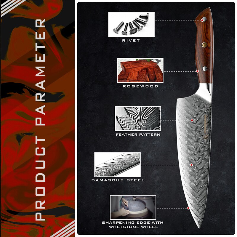 Juego de cuchillos de cocina japoneses de 67 capas, de acero damasco, para deshuesar, Chef, carne, fruta, cortador, herramientas GRANDSHARP