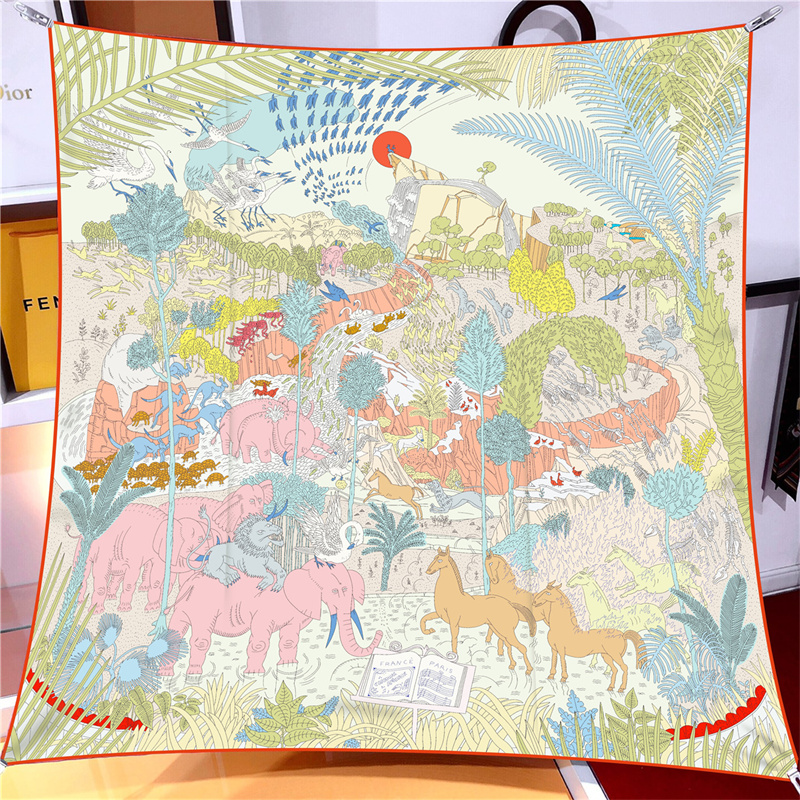Silk Scarf Women Rainforest Animals Square Scarves Head Echarpes Silk Foulards Femme Wraps Beach Shawls Bandana Lady Hijabs 90CM: green