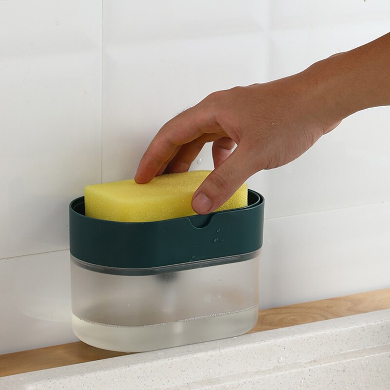 2 In 1 Kitchen Hand Press Soap Lye Soap Storage Box Pump Soap Press Dispenser Box Detergent Filling Injector Sponge Automatic