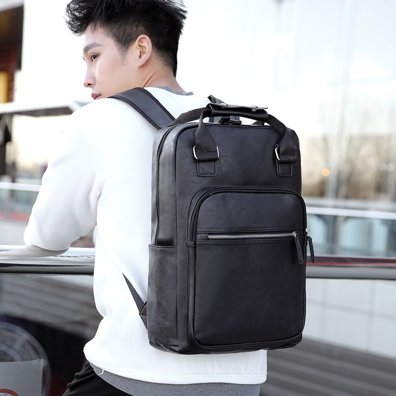 black work backpack PU leather bag man shoulder bags Waterproof male backpack 15.6 inch laptop computer bag boys school backpack