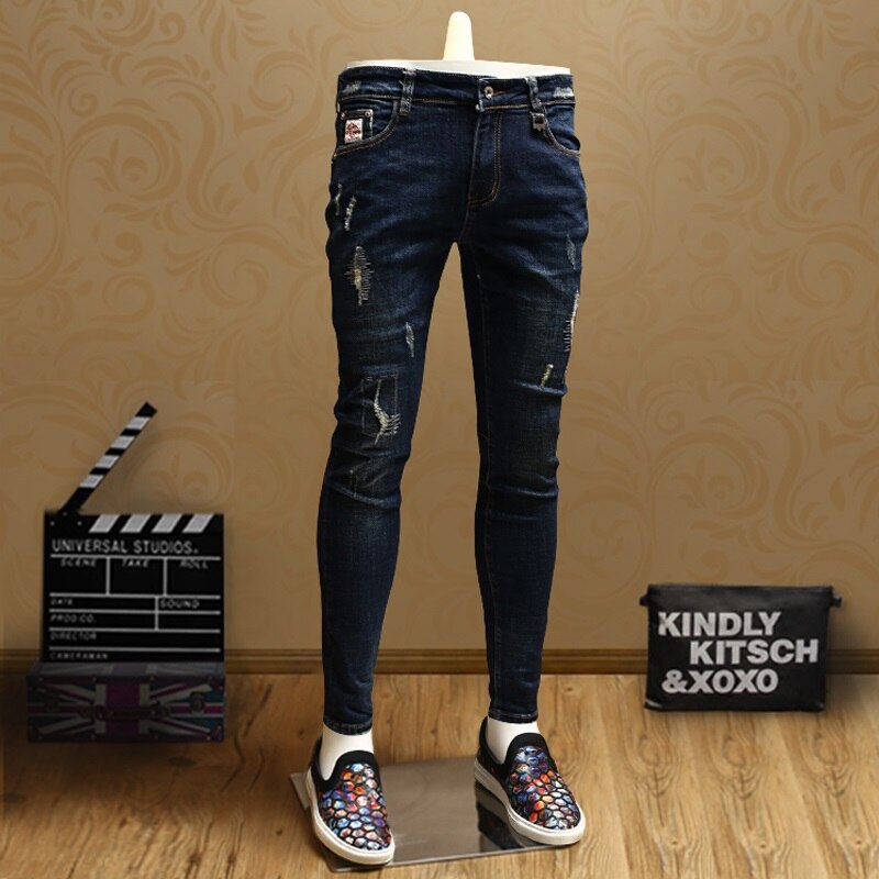 Skinny Ripped Blue Jeans Men Cotton Streetwear Slim Fit Straight Stretch Denim Pants: 29