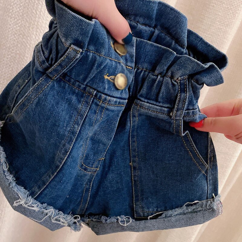 Pantaloni estivi per ragazze pieghe per graffi vita alta Jeans All-Match pantaloncini moda abbigliamento per bambini