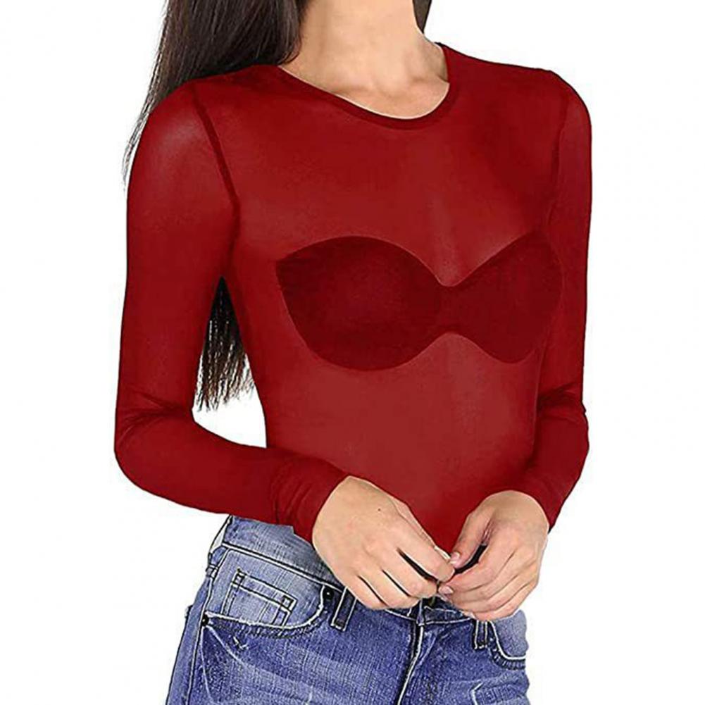 Transparent mesh-bluse til kvinder, langærmet, sexet, gennemsigtig, stretchgarn-bluse med mesh-bund, sol-t-shirt: M / Blå